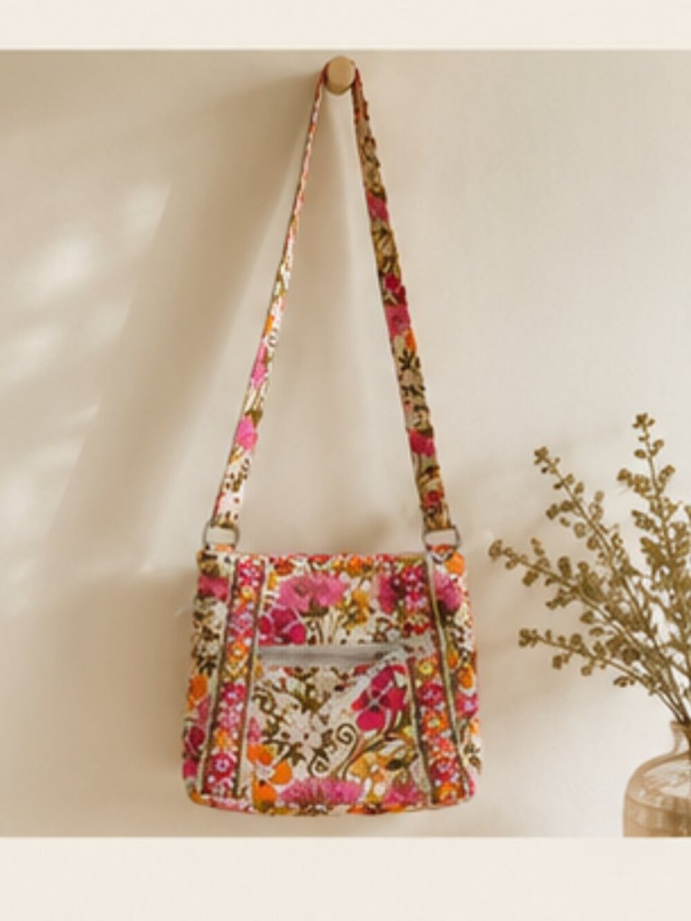 Vera Bradley Floral Quilted Crossbody Bag Pink Orange Cottagecore Travel Purse